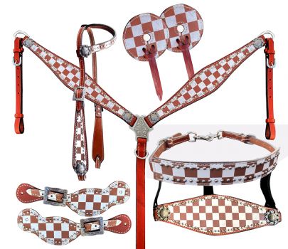 Showman Brown &amp; White Checker Print One Ear Headstall and Breast Collar 7- piece set